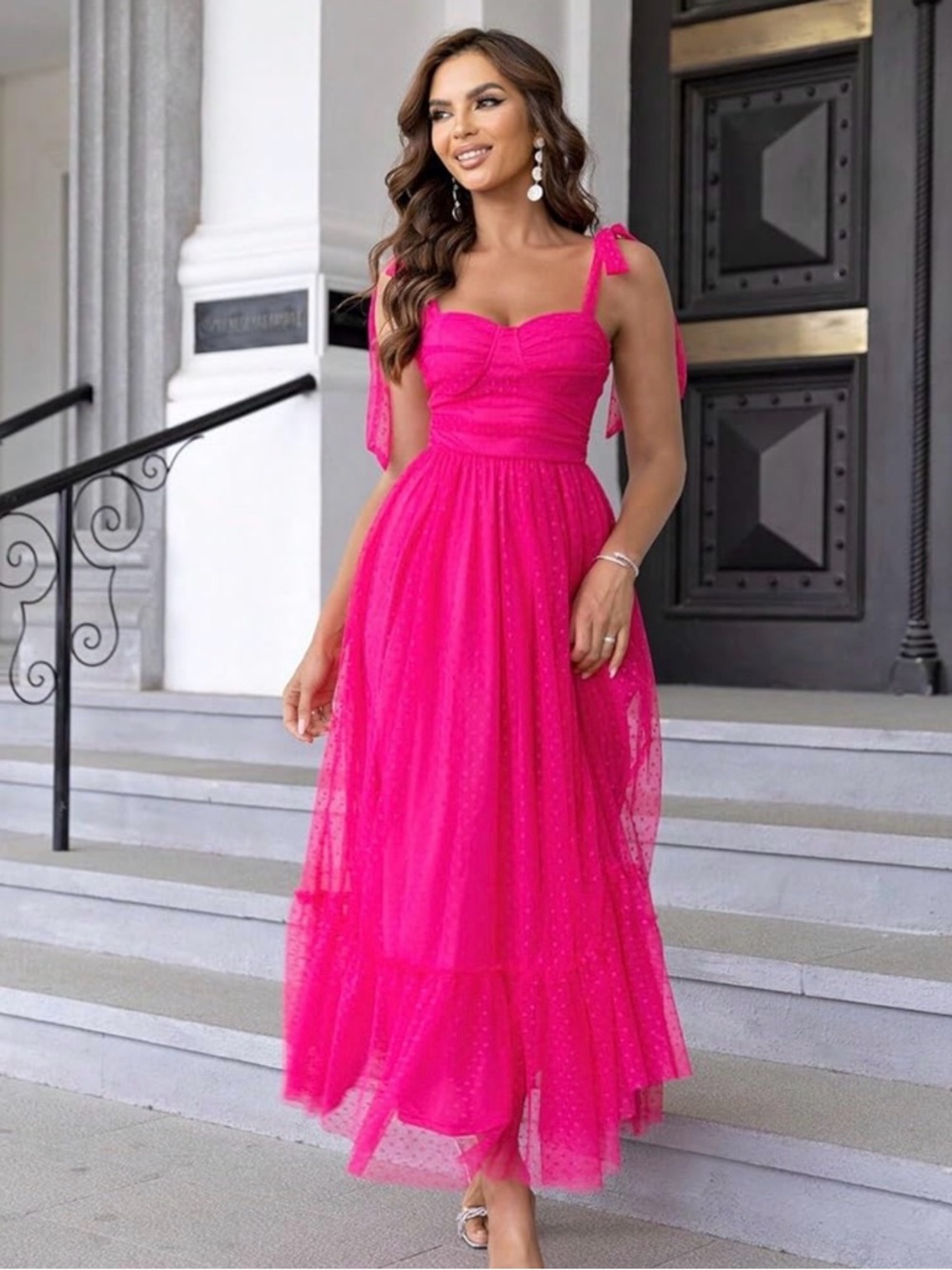 SHEIN Hot Pink Tie-Shoulder Maxi Dress